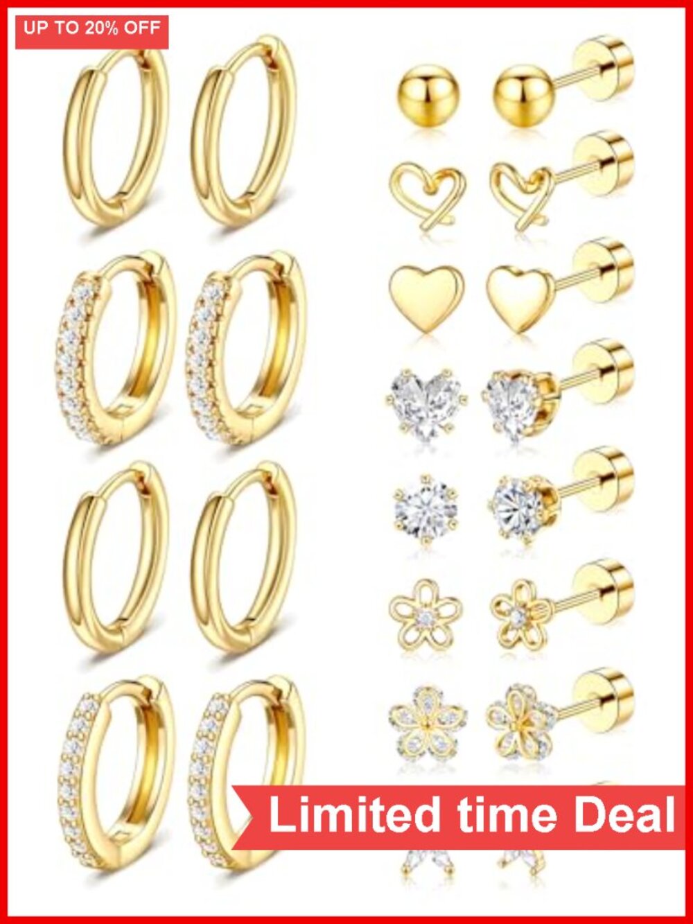 14k Gold Plated Hypoallergenic Earrings Set Surgical Stainless Steel Flat Back